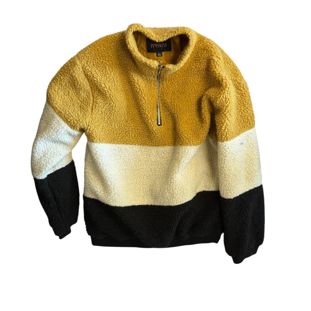 Ambiance Outerwear Mustard Yellow Colorblock Sherpa Quarter Zip Fleece Sweater L